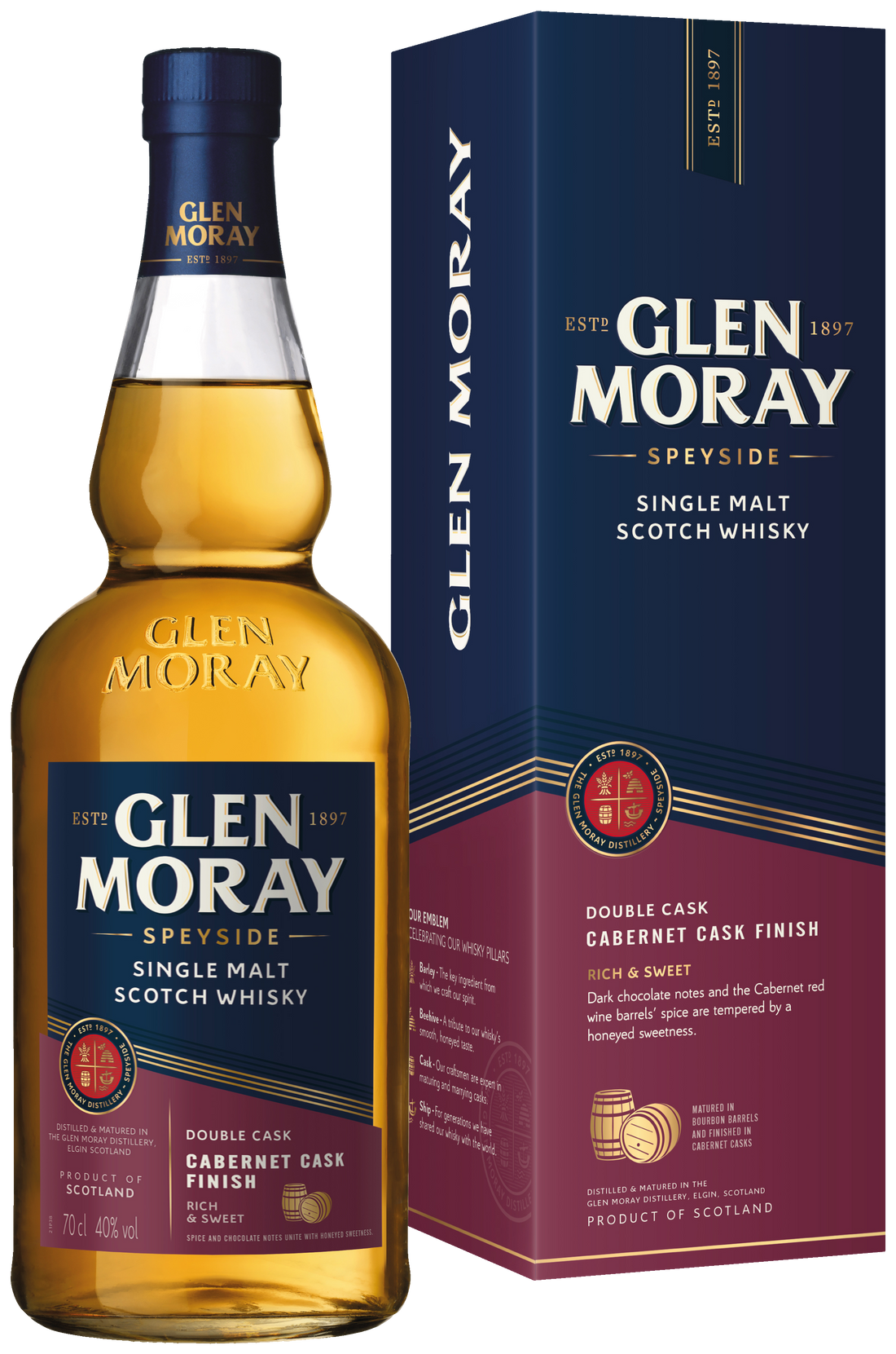 Glen Moray Speyside Single Malt Cabernet Cask Finish, Scotch Whisky, 40% Alk. - 0,7 L