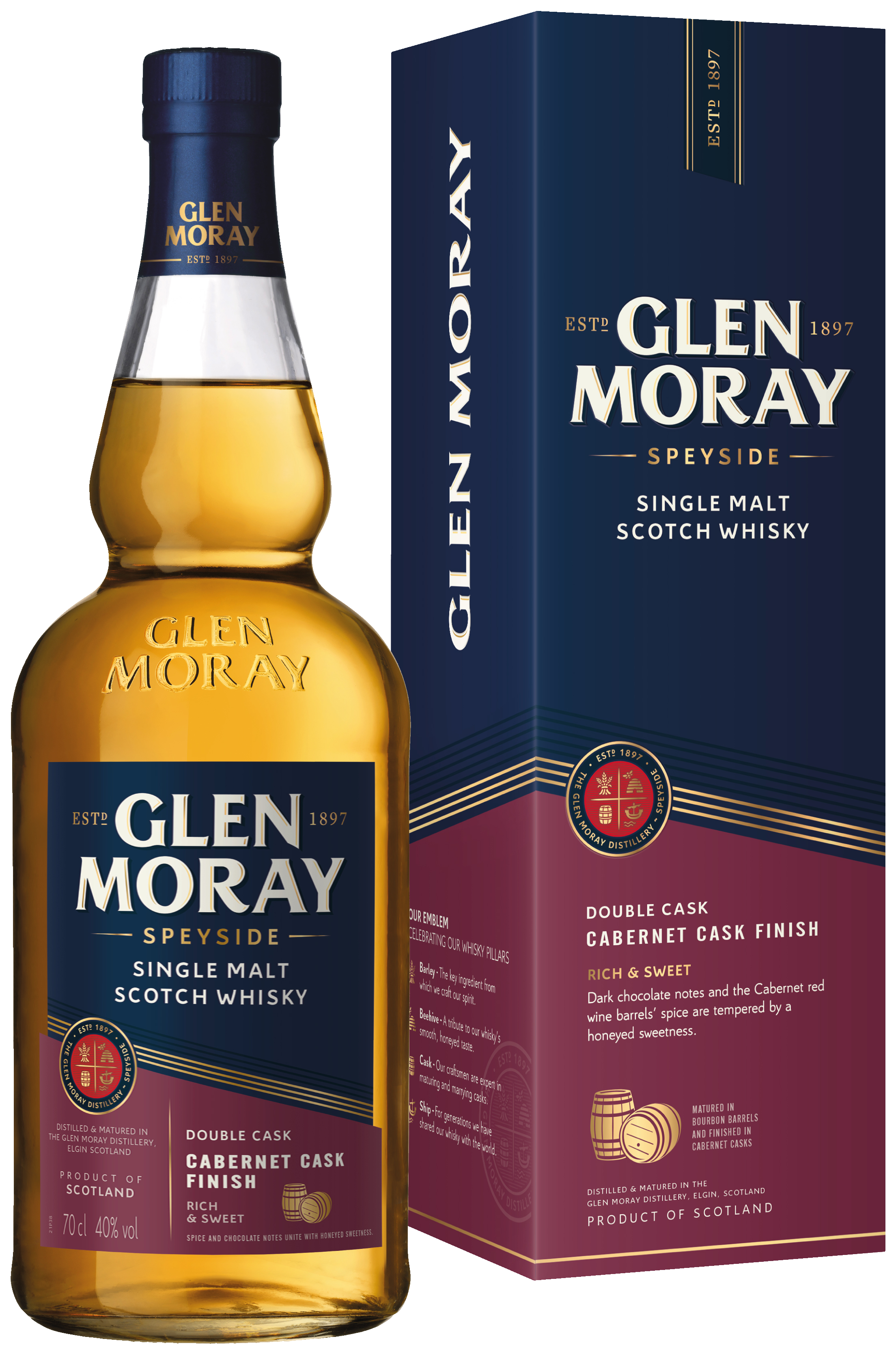 Glen Moray Speyside Single Malt Cabernet Cask Finish, Scotch Whisky, 40% Alk. - 0,7 L